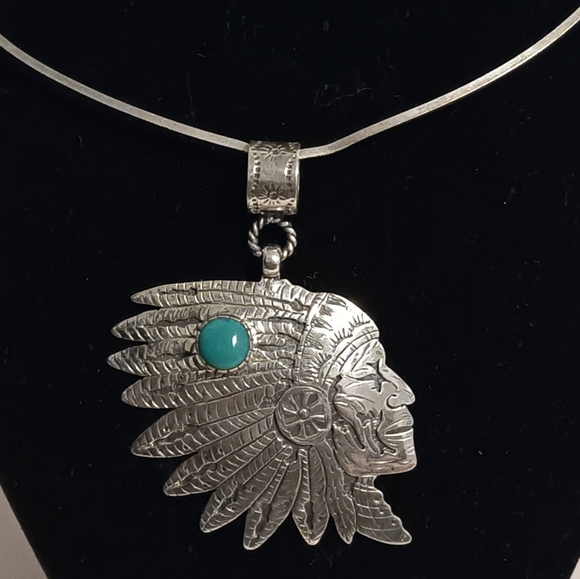 CHIEF HEAD PENDANT 925 STERLING SILVER AND TURQUOISE - Picture 2 of 8